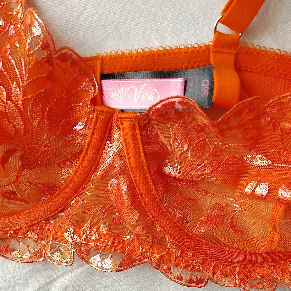 Vera  Orange Lace Bra! Shiny- New Without Tags! Shear!